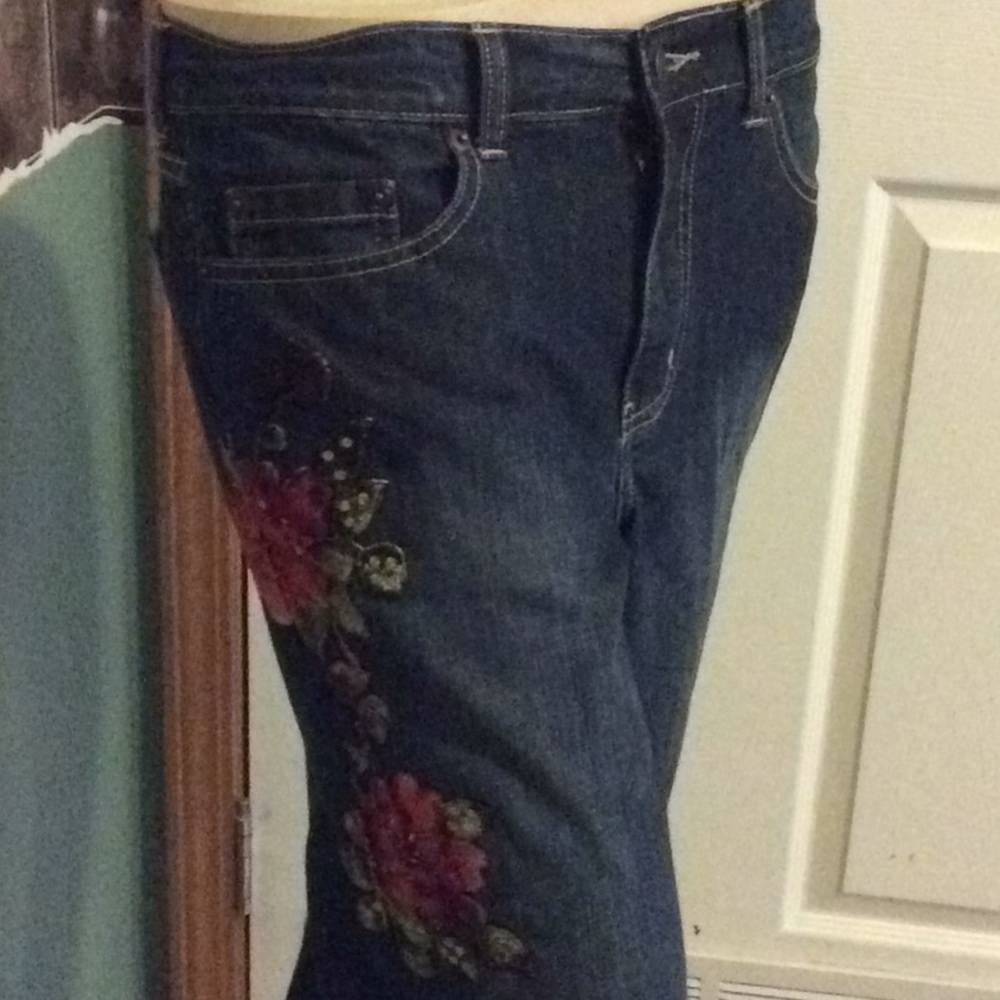 New York & Company Dark Blue Boot Cut Jeans with Red Floral Embroidery - Picture 5 of 10